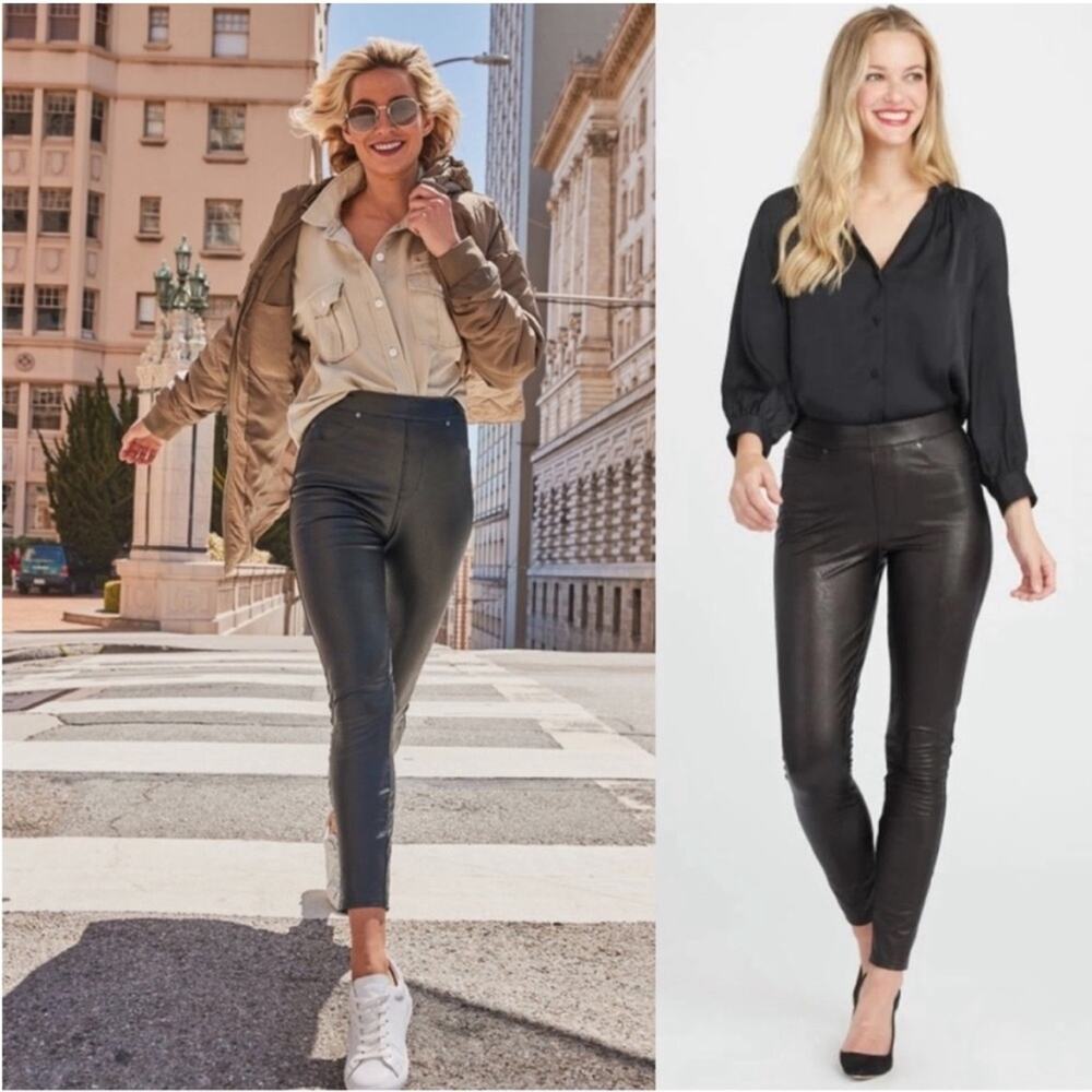 Spanx Black Leather Like High Rise Ankle Skinny Leg Pull On Slimming Pant L - Picture 4 of 8